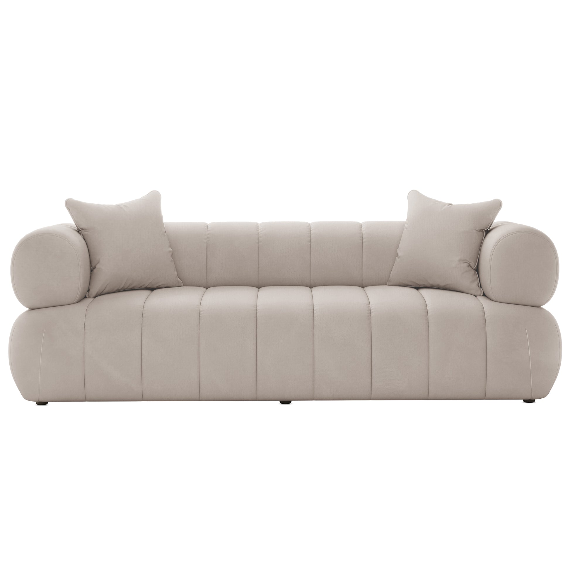 Samira 5 Seater Velvet Sofa Set in Warm Beige, showcasing plush velvet upholstery and elegant design with included white pillows, emphasizing luxurious comfort and sophisticated style.
