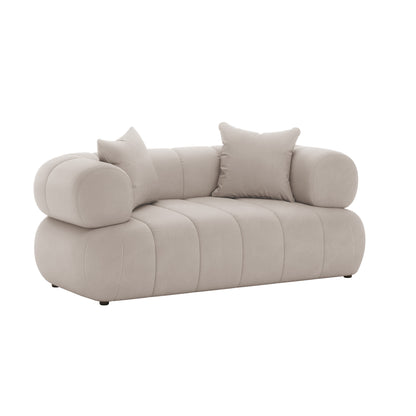 Samira 5 Seater Velvet Sofa Set - Warm Beige, showcasing plush velvet texture and solid construction, highlighting its luxurious appeal and comfort with visible pillows for added elegance.
