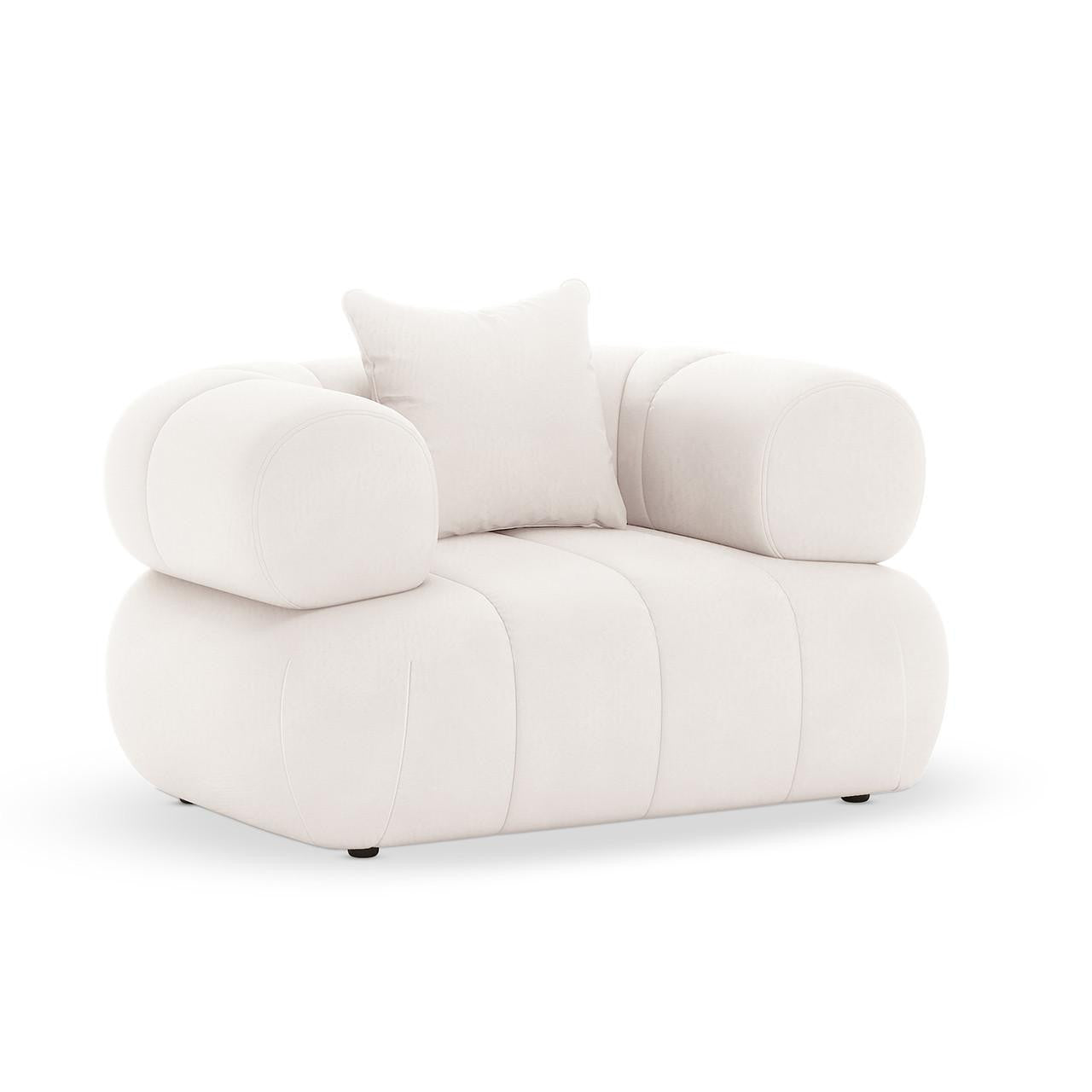 Samira Single Seater Velvet Sofa in Cream featuring oversized, rounded arms and a plush seat base, upholstered in luxurious off-white fabric with a matching throw pillow for added comfort.
