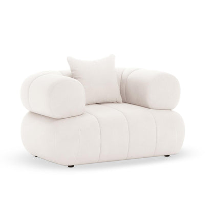 Samira Single Seater Velvet Sofa in Cream featuring oversized, rounded arms and a plush seat base, upholstered in luxurious off-white fabric with a matching throw pillow for added comfort.