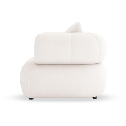 Samira Single Seater Velvet Sofa in Cream, showcasing a modern pouf-style with off-white upholstery, rounded edges, and a plush cushion/backrest, sits on small, barely visible feet.
