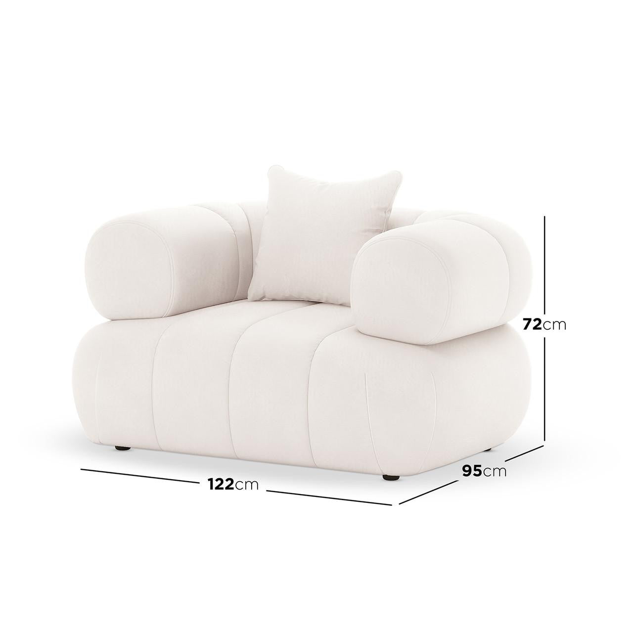 Samira Single Seater Velvet Sofa in Cream: A modern, low-profile lounge chair with oversized rounded armrests, matching square back cushion, and visible dimensions: 122 cm wide, 95 cm deep, 72 cm tall.