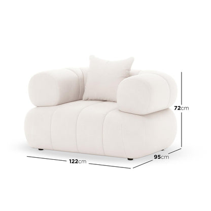 Samira Single Seater Velvet Sofa in Cream: A modern, low-profile lounge chair with oversized rounded armrests, matching square back cushion, and visible dimensions: 122 cm wide, 95 cm deep, 72 cm tall.