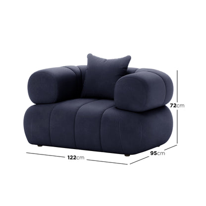 Samira Single Seater Velvet Sofa - Navy Blue, featuring a close-up of its plush cushion, detailed pillow, and elegant armrest, showcasing luxurious velvet texture and sophisticated design.