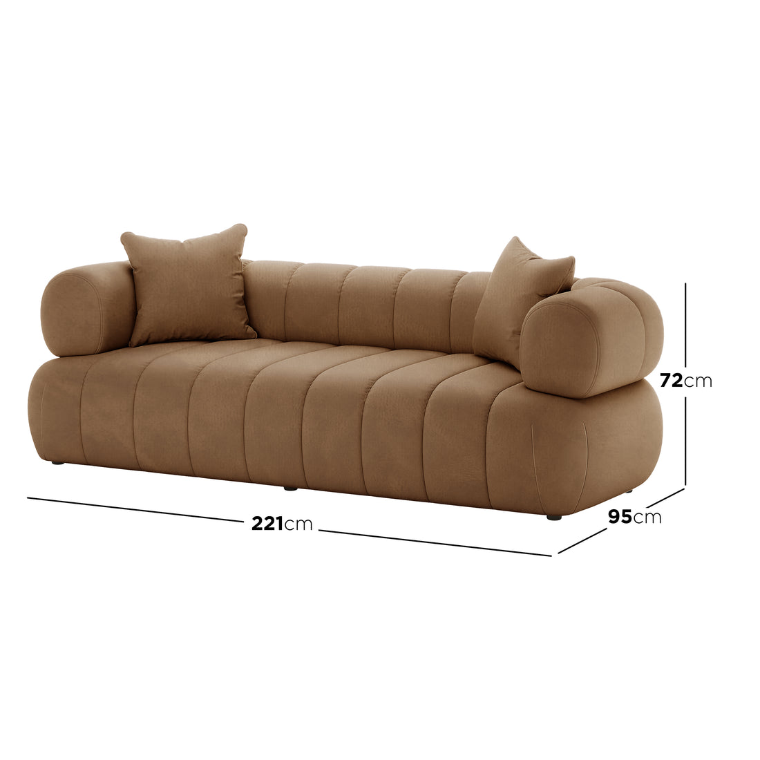 Samira 6 Seater Velvet Sofa Set - Camel Brown, showcasing a plush, velvet texture with close-up details of the couch's upholstery and included pillow, highlighting its luxurious and elegant design.