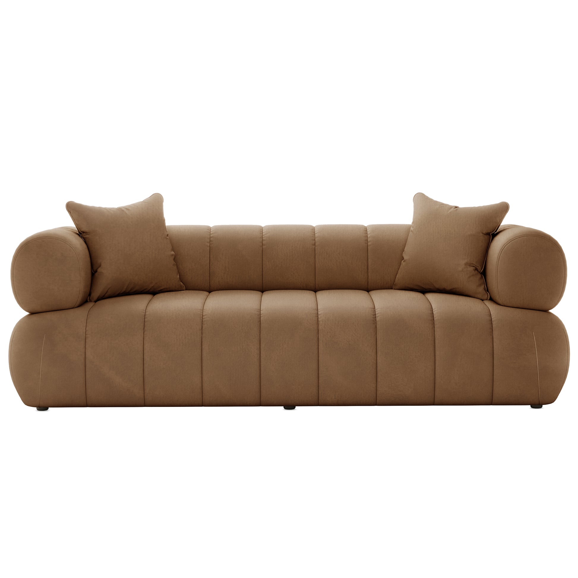 Samira 6 Seater Velvet Sofa Set - Camel Brown featuring plush pillows, showcases a luxurious, spacious design perfect for elegant living spaces. Ideal for gatherings or relaxation.