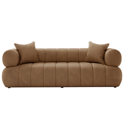 Samira 6 Seater Velvet Sofa Set - Camel Brown featuring plush pillows, showcases a luxurious, spacious design perfect for elegant living spaces. Ideal for gatherings or relaxation.