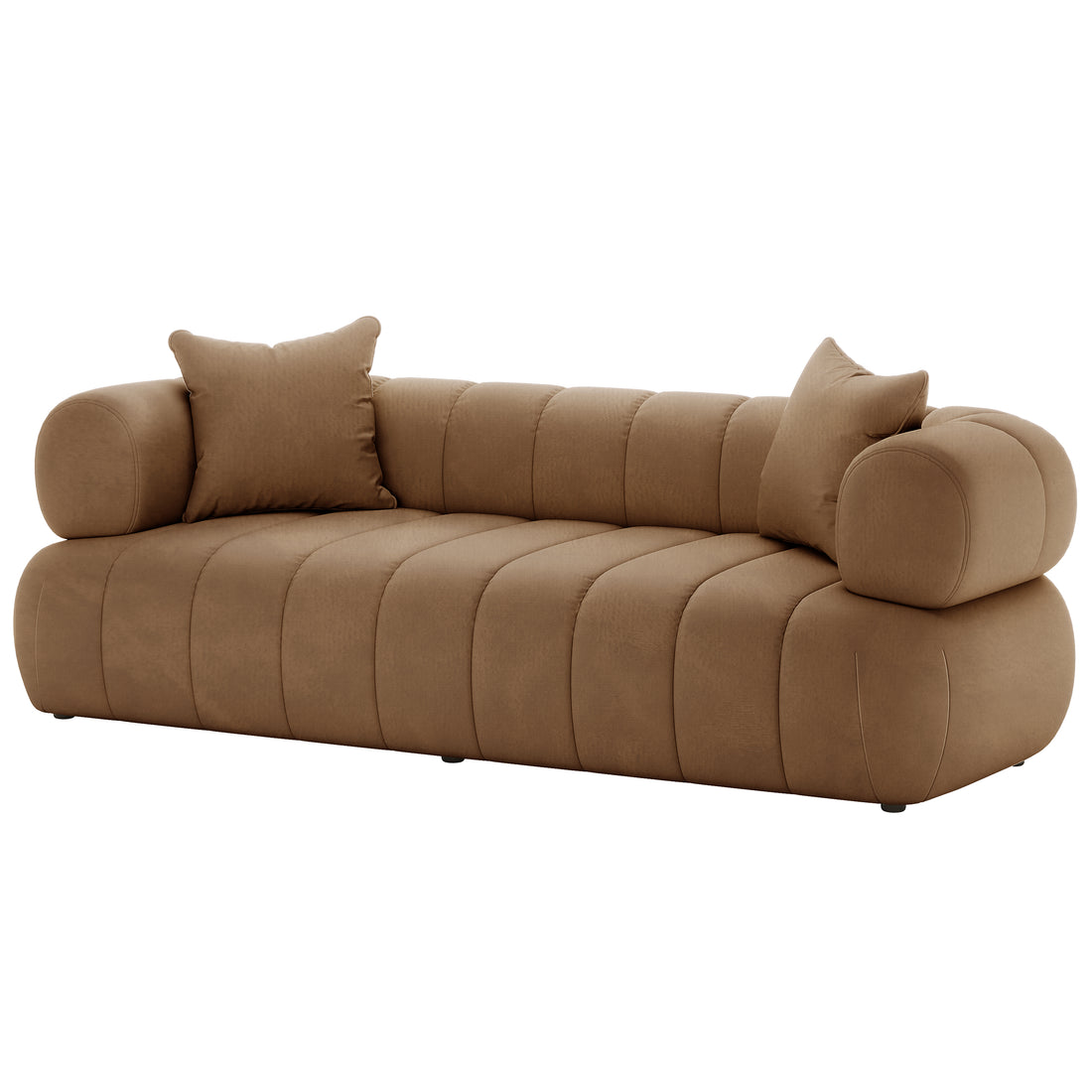 Close-up of the Samira 6 Seater Velvet Sofa Set - Camel Brown, featuring plush velvet upholstery and a visible pillow, highlighting the luxurious texture and elegant design of the couch.