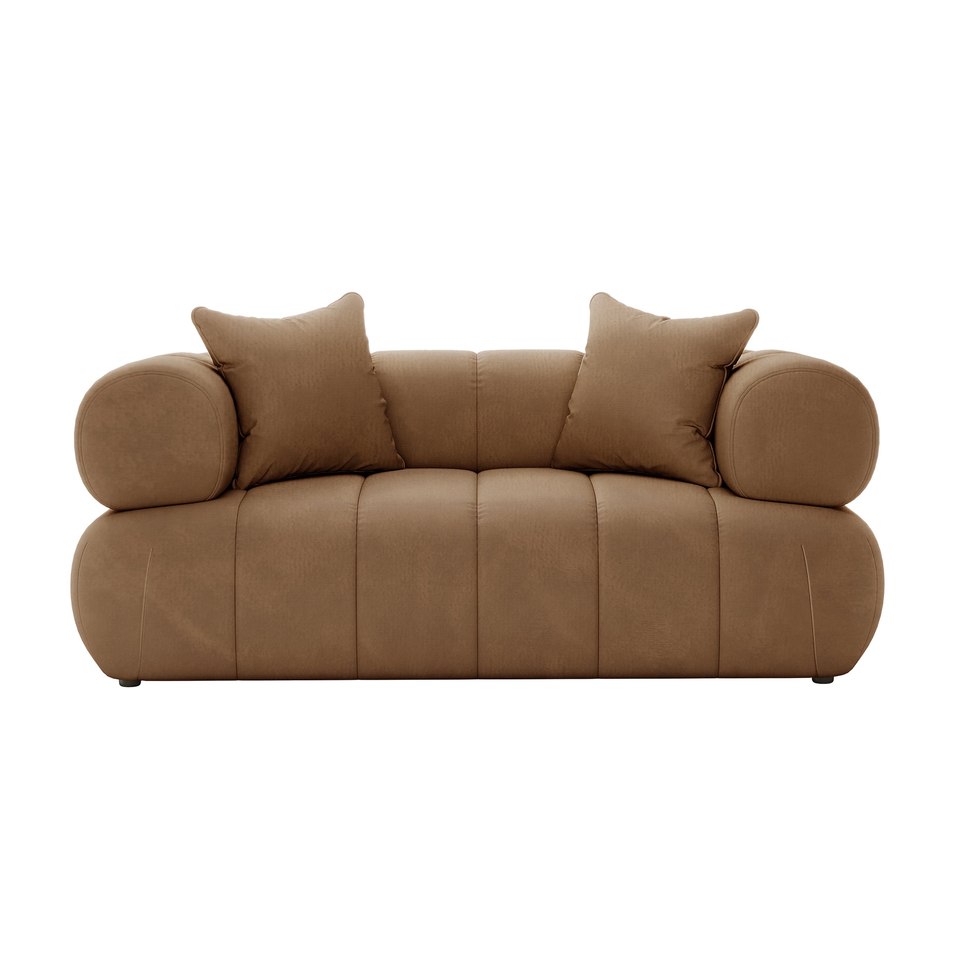 Samira 6 Seater Velvet Sofa Set - Camel Brown featuring a plush brown couch with multiple soft pillows, showcasing luxurious velvet fabric and a spacious, elegant design suitable for any upscale living space.