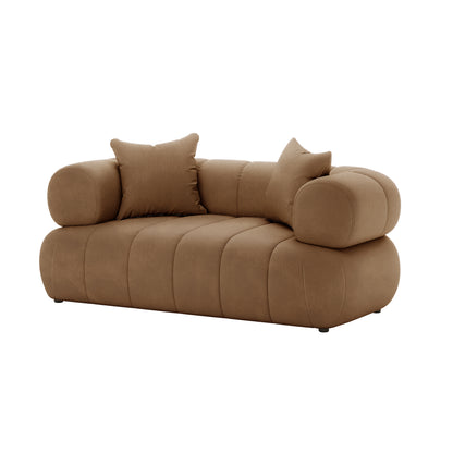 Samira 6 Seater Velvet Sofa Set - Camel Brown, showcasing a plush velvet texture with elegant pillows on a spacious, brown couch, highlighting luxurious comfort and style, perfect for modern living spaces.