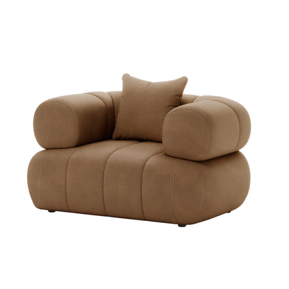 Samira 6 Seater Velvet Sofa Set - Camel Brown featuring a plush brown cushion with a pillow, highlighting luxurious velvet upholstery and a durable frame, enhancing elegance and comfort in any living space.