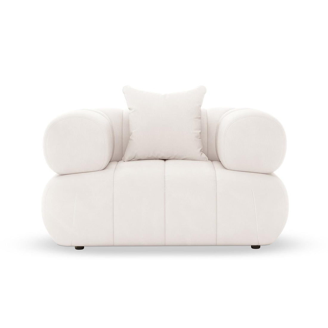 Samira 6 Seater Velvet Sofa Set in Cream showcases a modern, low-profile design with off-white upholstery, featuring rounded tubular arm cushions and a centered square throw pillow for inviting comfort.