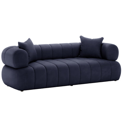 Samira 6 Seater Velvet Sofa Set - Navy Blue, showcasing plush velvet upholstery and elegant design, with visible high-density foam padding and plush pillows enhancing comfort and style.