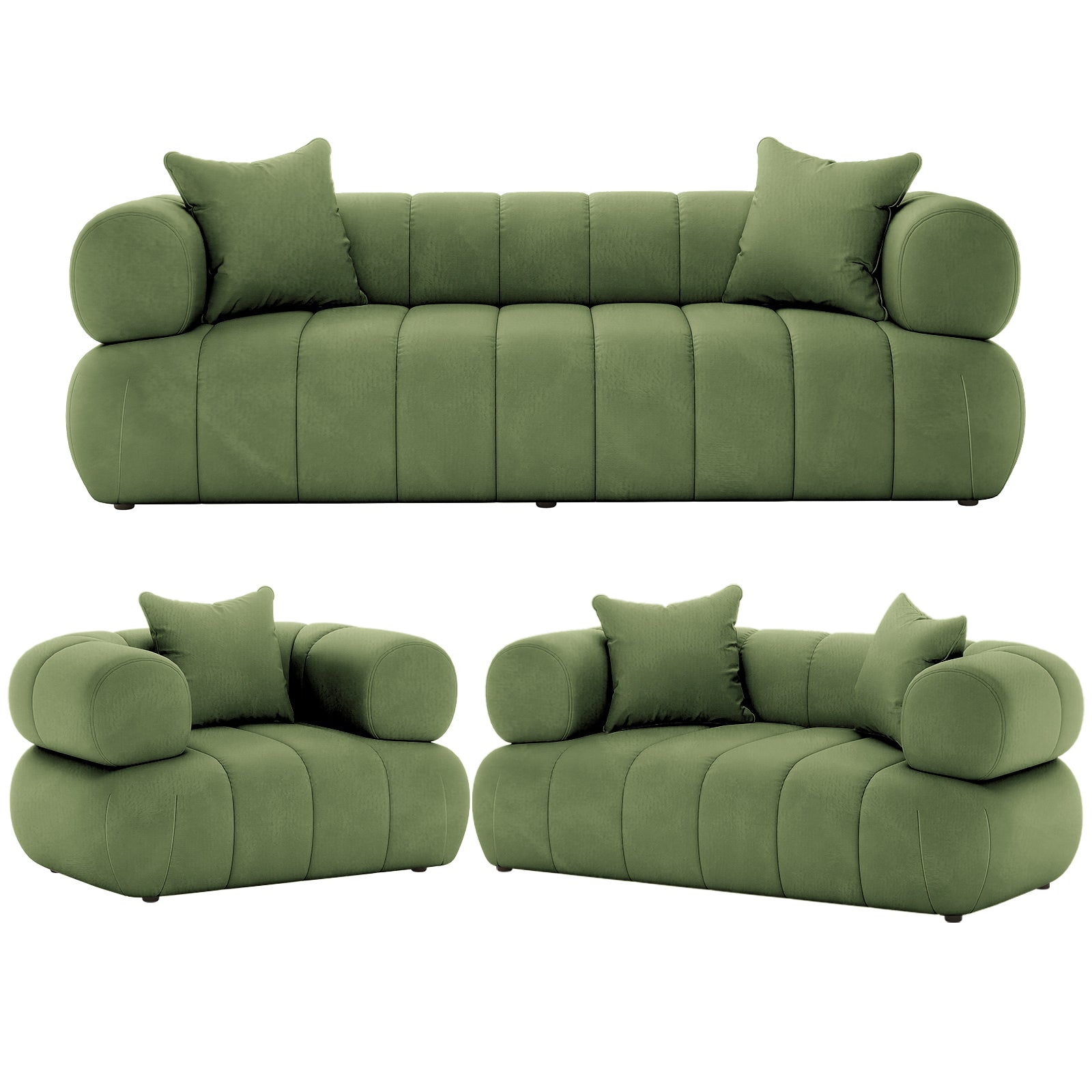 Samira 6 Seater Velvet Sofa Set in Prasinous Green, showcasing its luxurious velvet texture and plush pillows, highlighting the elegance and comfort of the green couch.