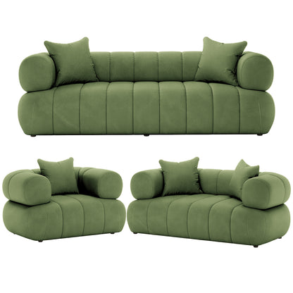Samira 6 Seater Velvet Sofa Set in Prasinous Green, showcasing its luxurious velvet texture and plush pillows, highlighting the elegance and comfort of the green couch.
