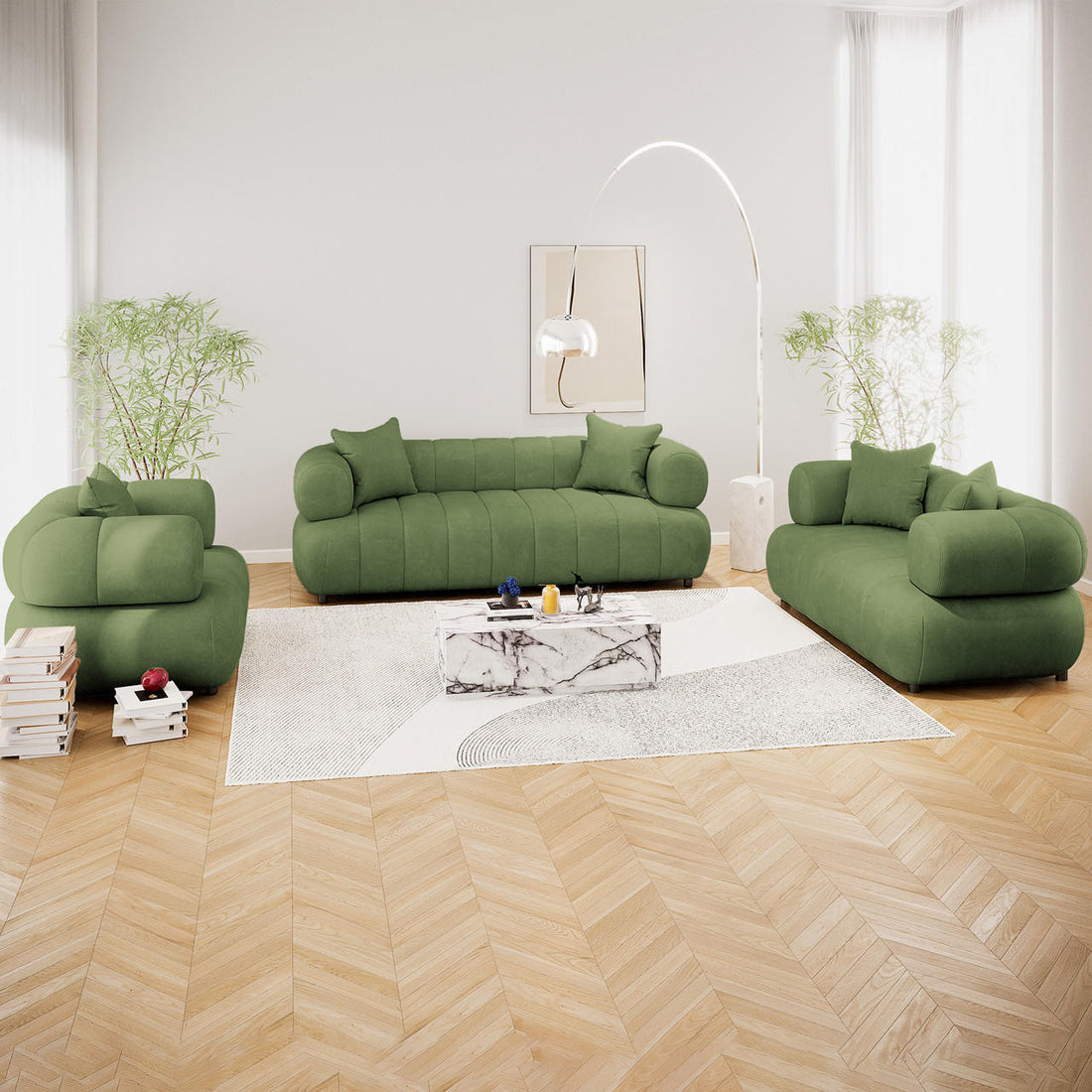 Samira 6 Seater Velvet Sofa Set Prasinous Green displayed in a stylish interior with a green couch, accented by plush pillows and a sleek lamp, exemplifying modern elegance and comfort.