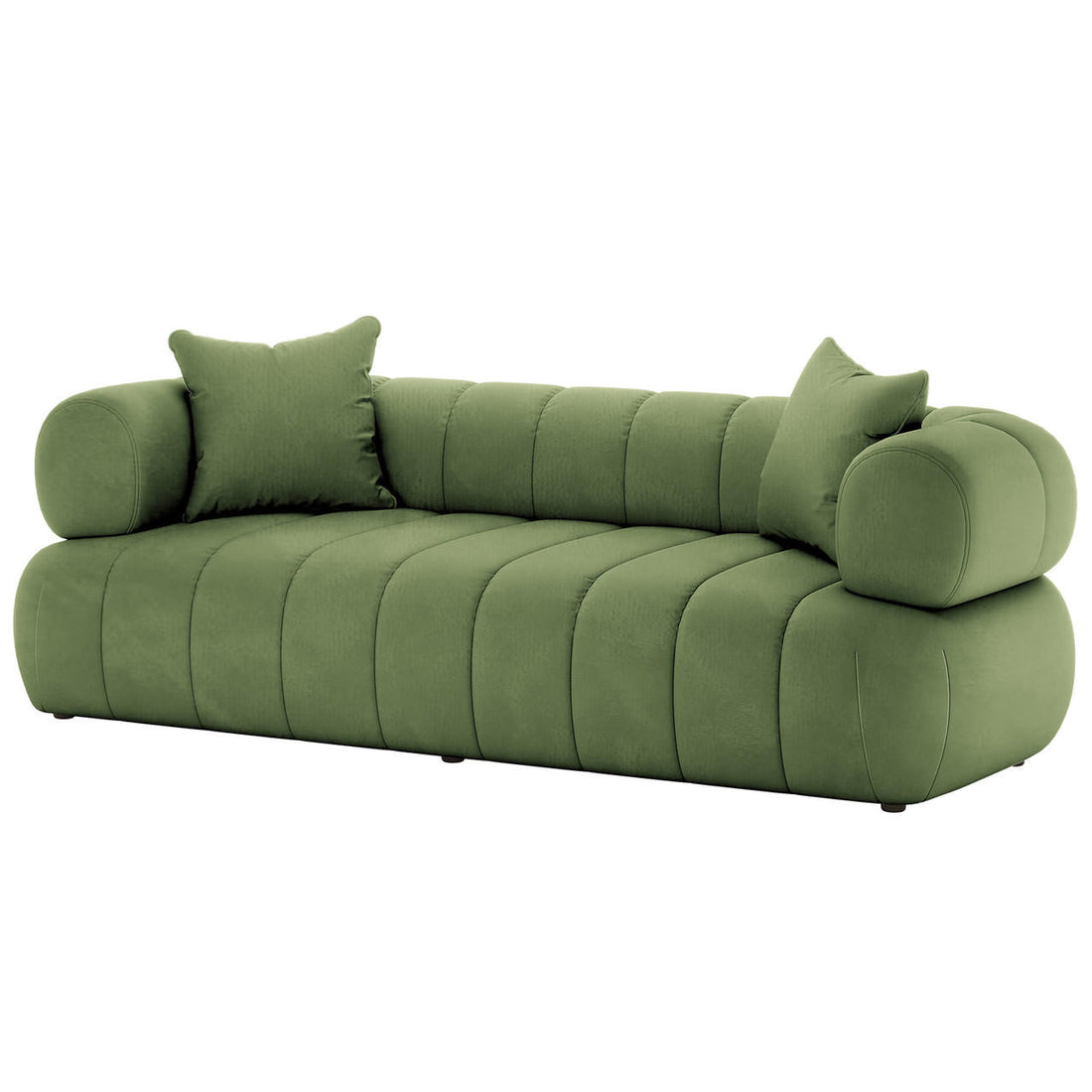 Samira 6 Seater Velvet Sofa Set in Prasinous Green, showcasing plush velvet upholstery, a smooth cushion, and part of the sofa's frame, highlighting its luxurious and inviting texture.