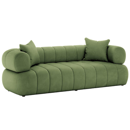 Samira 6 Seater Velvet Sofa Set in Prasinous Green, featuring plush cushions and a luxurious velvet finish. Includes single, two, and three-seater sections with solid wood frame and high-density foam padding.
