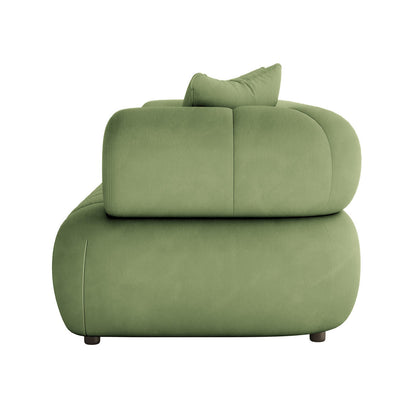  Samira 6 Seater Velvet Sofa Set in Prasinous Green, showcasing a plush green pillow against a velvet sofa, highlighting the luxurious texture and modern design.