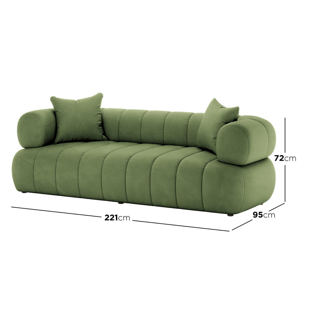 Samira 6 Seater Velvet Sofa Set in Prasinous Green, showcasing the plush velvet texture and elegant design, including a green couch cushion and part of the sofa's seat.