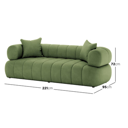 Samira 6 Seater Velvet Sofa Set in Prasinous Green, showcasing the plush velvet texture and elegant design, including a green couch cushion and part of the sofa's seat.