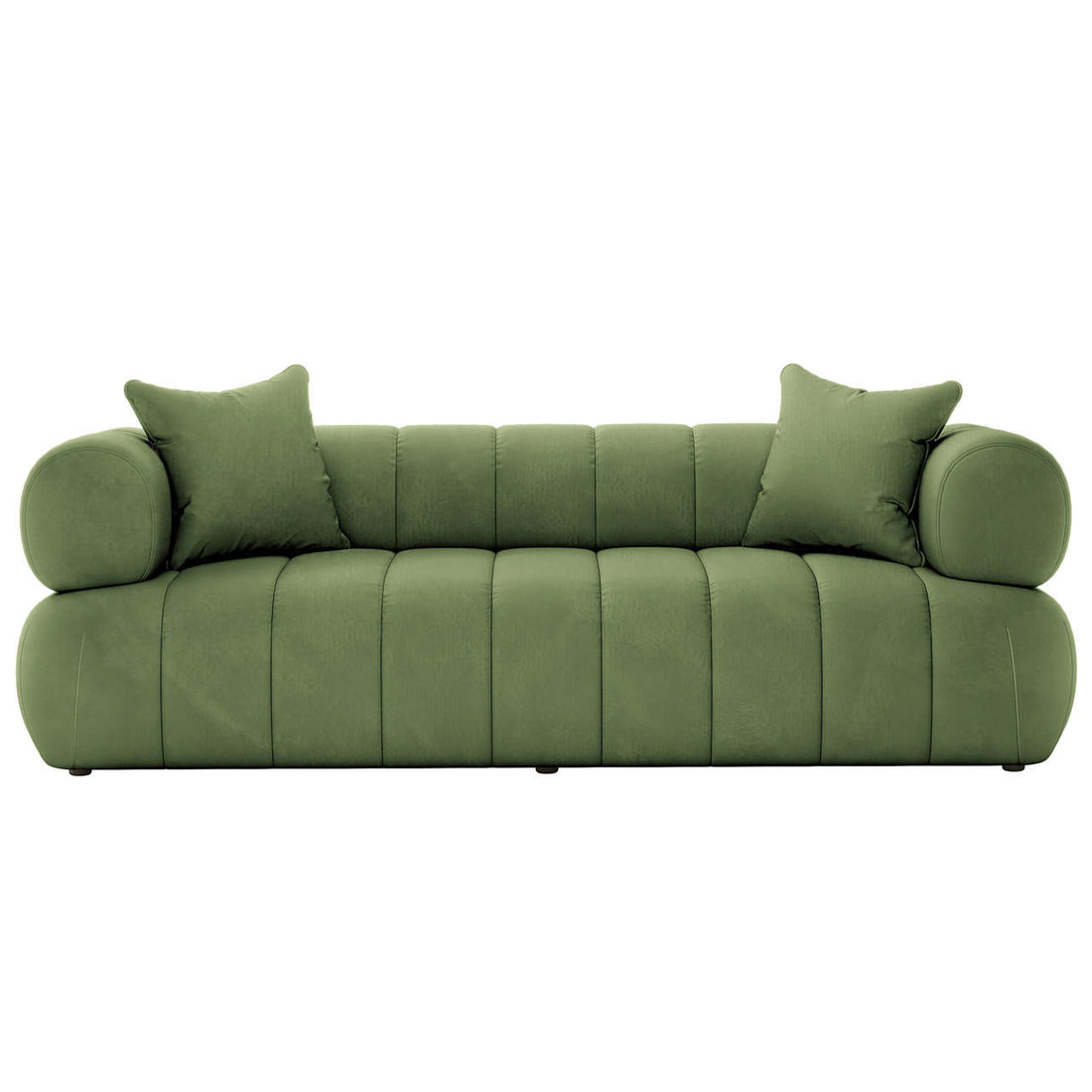 Samira 6 Seater Velvet Sofa Set Prasinous Green displayed with plush pillows on a green couch, showcasing luxurious velvet texture and elegant design.
