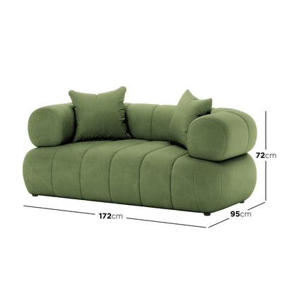  Samira 6 Seater Velvet Sofa Set in Prasinous Green, highlighting the plush velvet texture and elegant design of the large, comfortable seating with accompanying soft pillows.