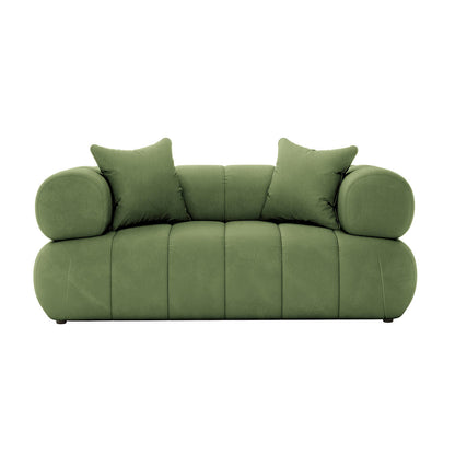 Samira 6 Seater Velvet Sofa Set Prasinous Green featuring a plush green couch with coordinating pillows, highlighting its luxurious velvet texture and spacious seating arrangement for enhanced comfort and style.