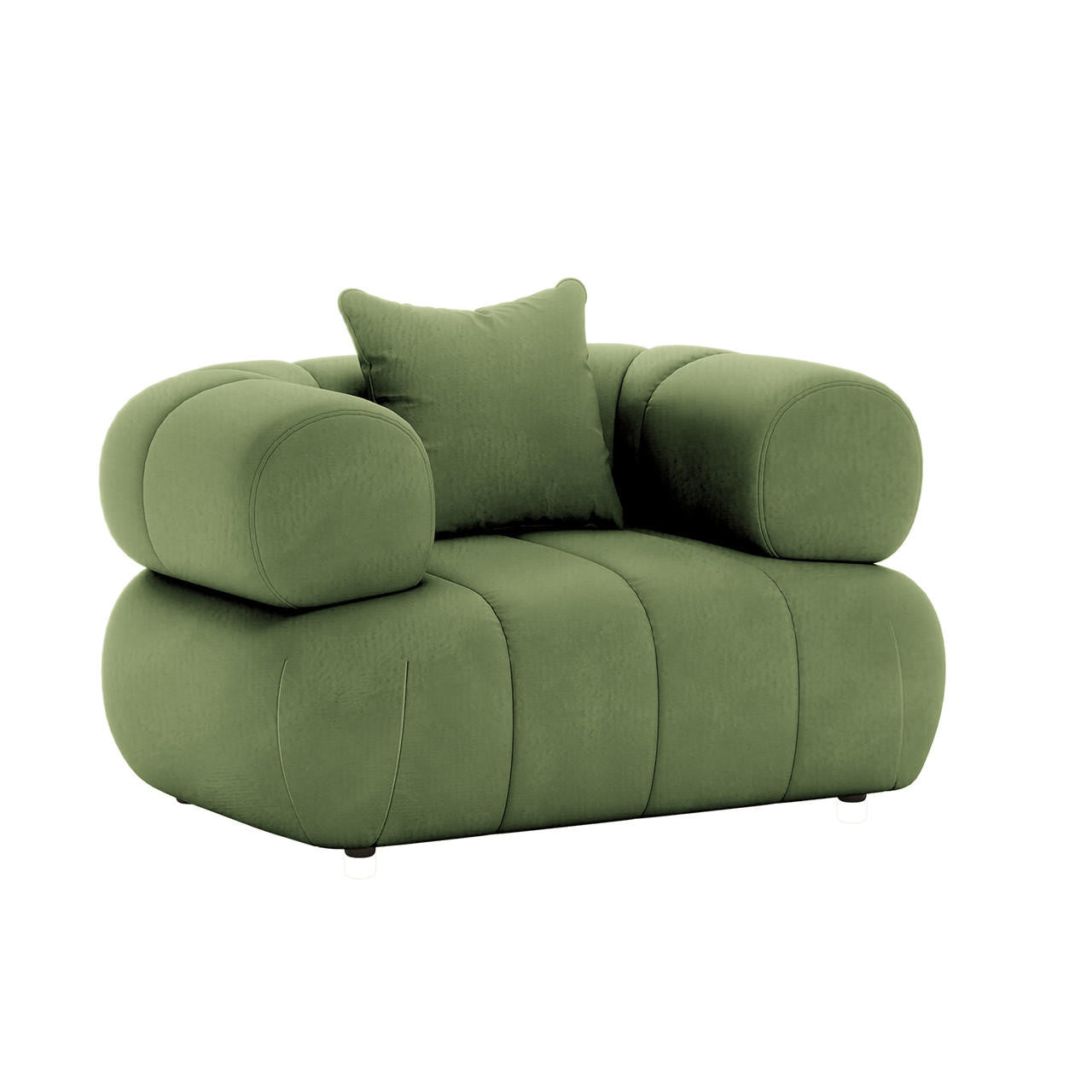 Samira 6 Seater Velvet Sofa Set in Prasinous Green, featuring a luxurious velvet finish with a plush pillow on a green chair, epitomizing elegance and comfort in modern living spaces.