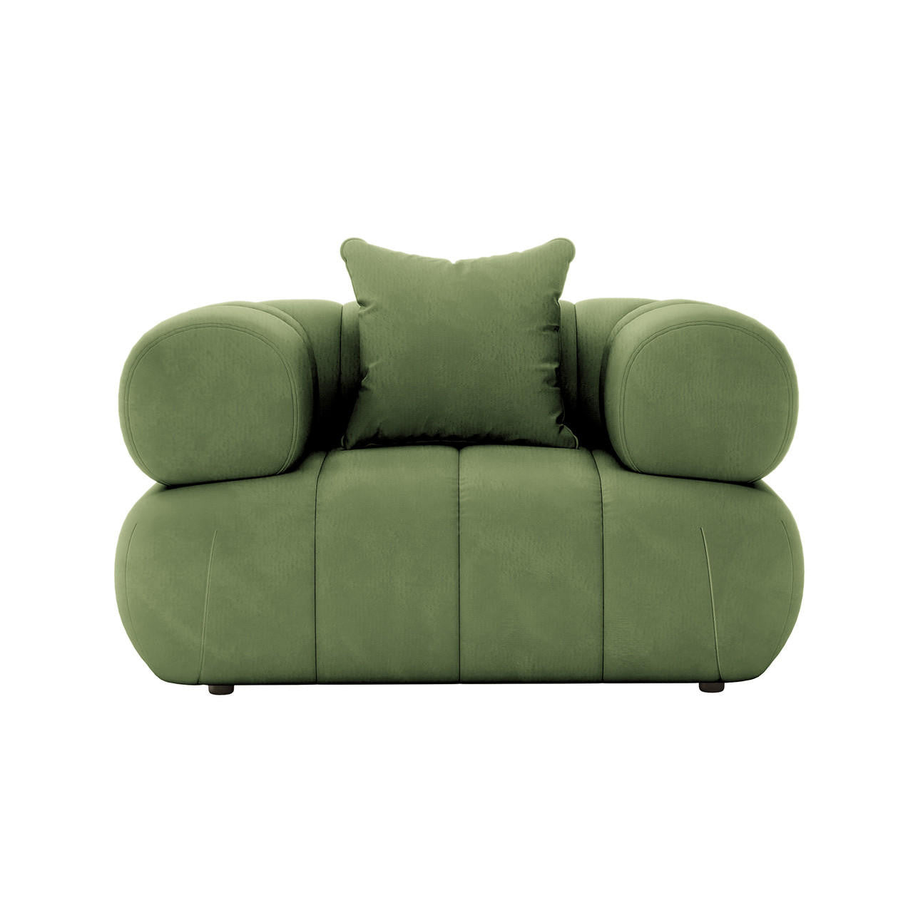 Samira 6 Seater Velvet Sofa Set in Prasinous Green, showcasing its plush velvet fabric and elegant design, with a green pillow on a matching chair in the background.