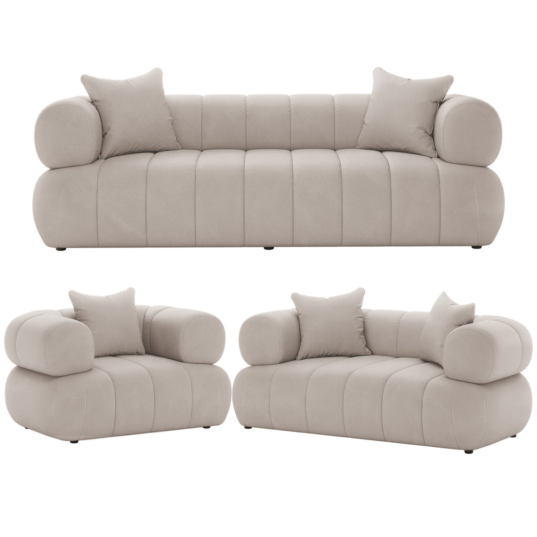 Samira 6 Seater Velvet Sofa Set - Warm Beige, showcasing a plush, velvety texture with a sleek, modern design. Features include plush pillows and a solid wood frame, emphasizing luxury and comfort.