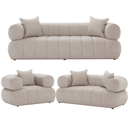 Samira 6 Seater Velvet Sofa Set - Warm Beige, showcasing a plush, velvety texture with a sleek, modern design. Features include plush pillows and a solid wood frame, emphasizing luxury and comfort.