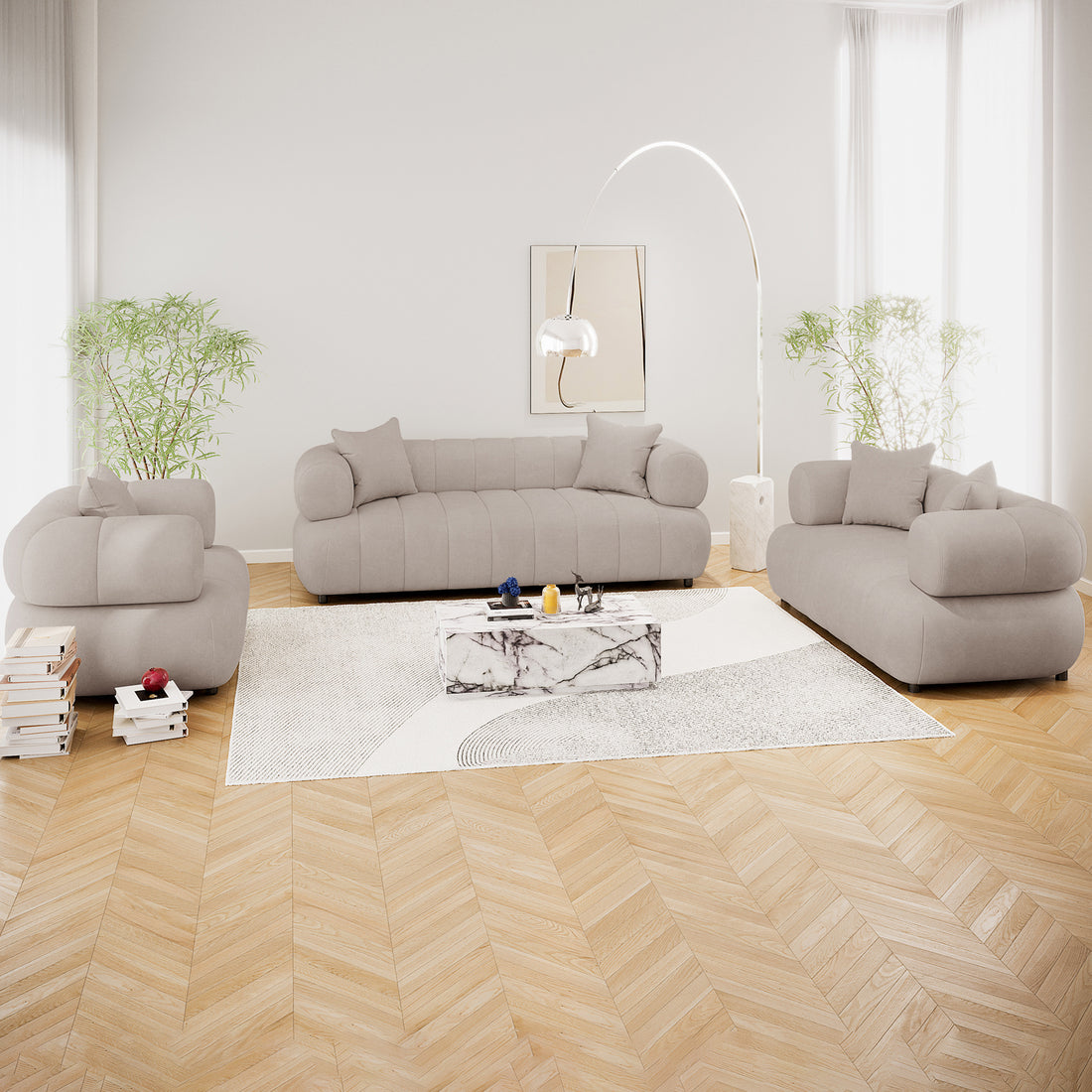 Samira 6 Seater Velvet Sofa Set - Warm Beige, displayed in a living room, highlighting its plush velvet fabric and elegant design, paired with a single-seater, two-seater, and three-seater configuration.