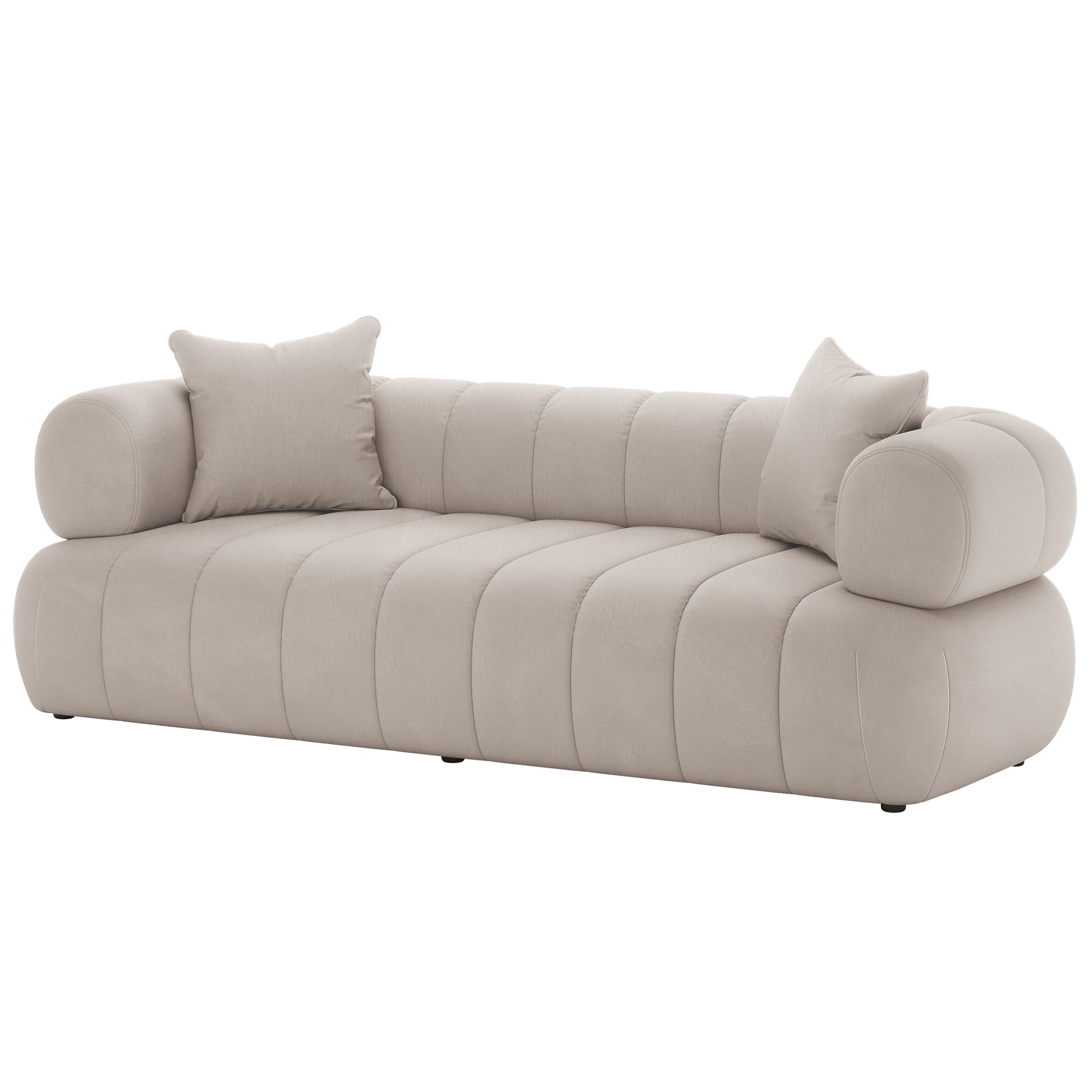 Samira 6 Seater Velvet Sofa Set - Warm Beige featuring a plush white couch adorned with pillows, highlighting its luxurious and comfortable design, perfect for enhancing any living space.