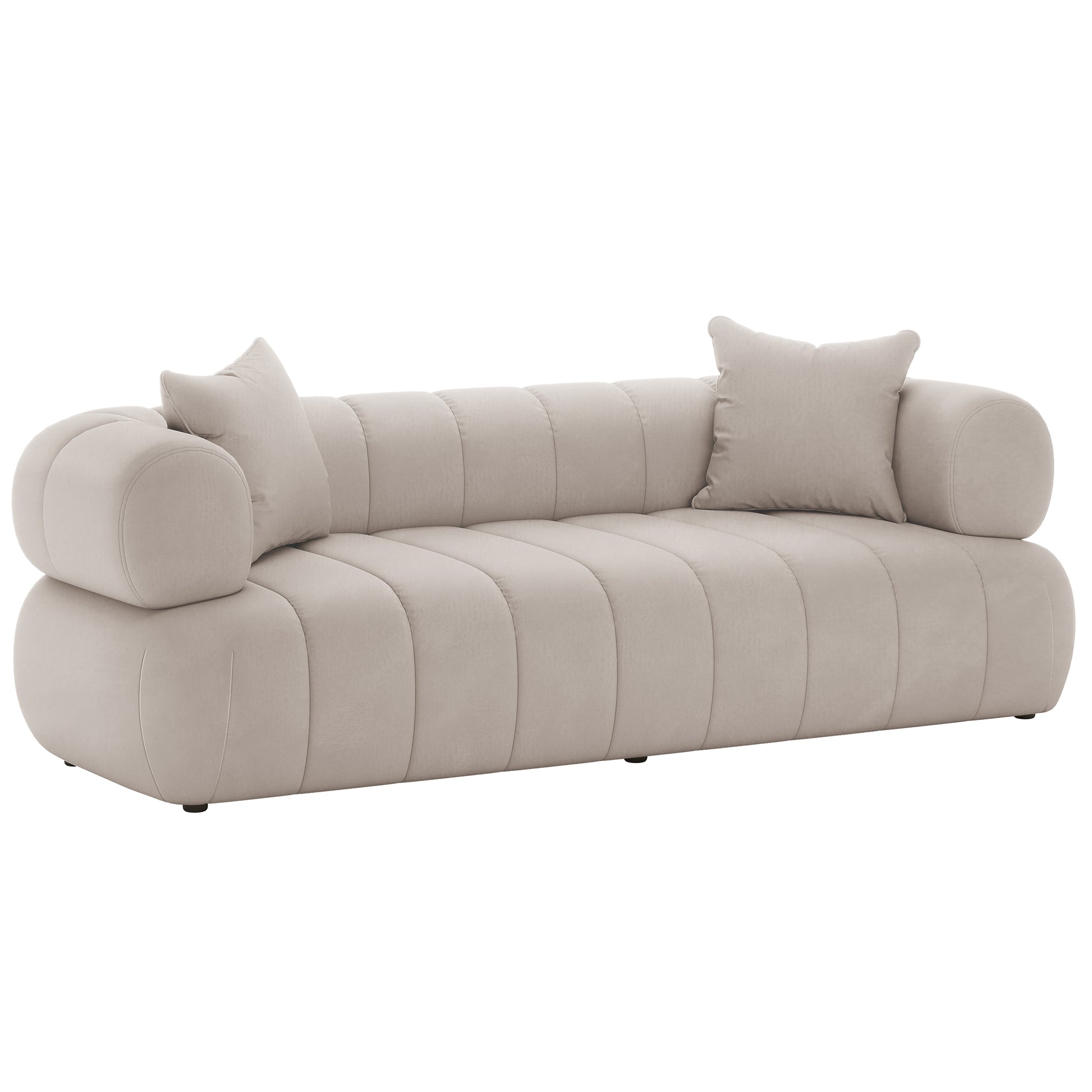 Samira 6 Seater Velvet Sofa Set - Warm Beige, showcasing a close-up of its plush velvet upholstery and elegant design, highlighting the luxurious craftsmanship of the sofa's surface and texture.