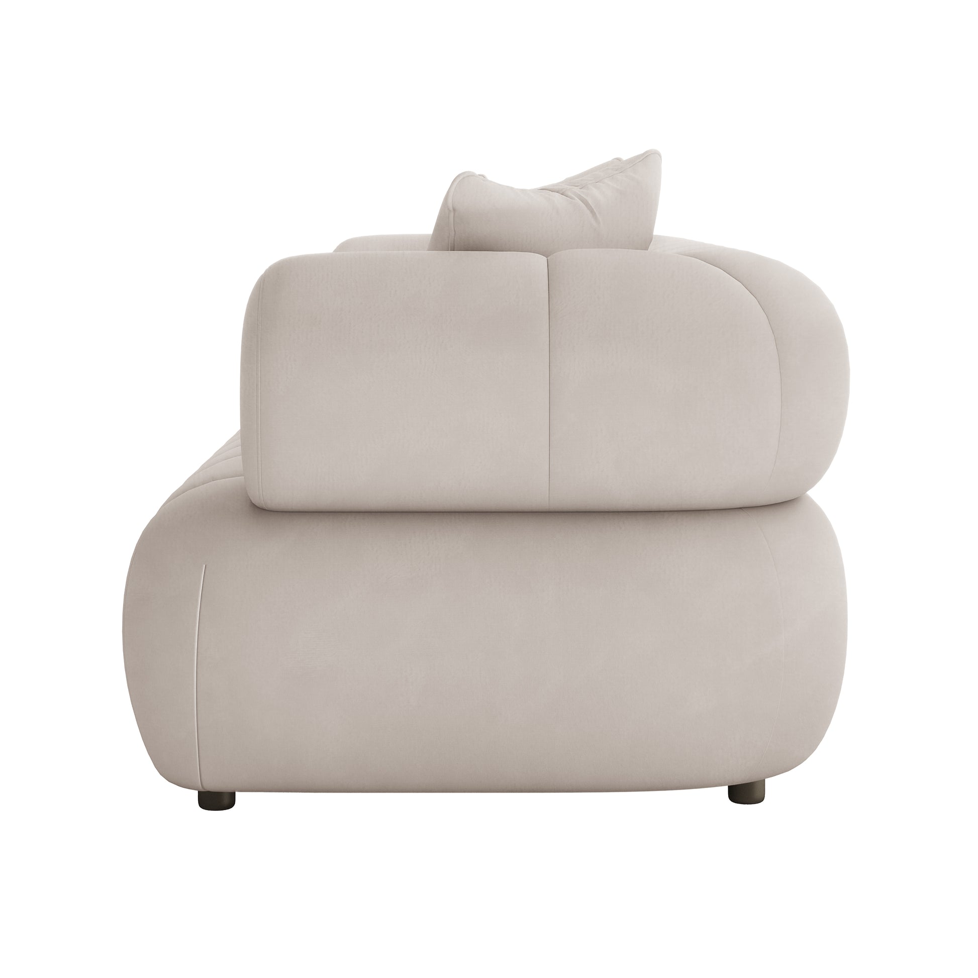 Samira 6 Seater Velvet Sofa Set - Warm Beige, showcasing its plush velvet upholstery and elegant design, with a white couch and pillow visible in the background.
