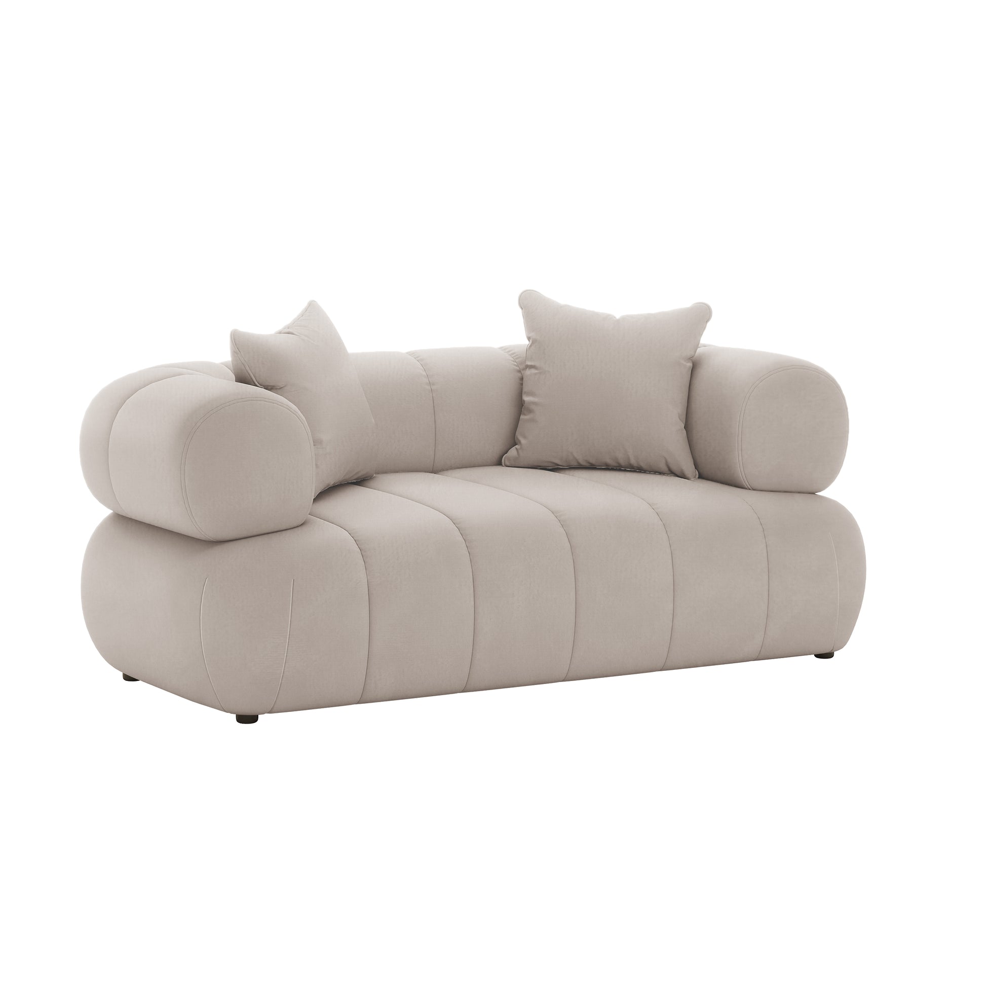 Samira 6 Seater Velvet Sofa Set - Warm Beige, highlighting its plush velvet texture and elegant design, featuring a couch with plush pillows for enhanced comfort and style.