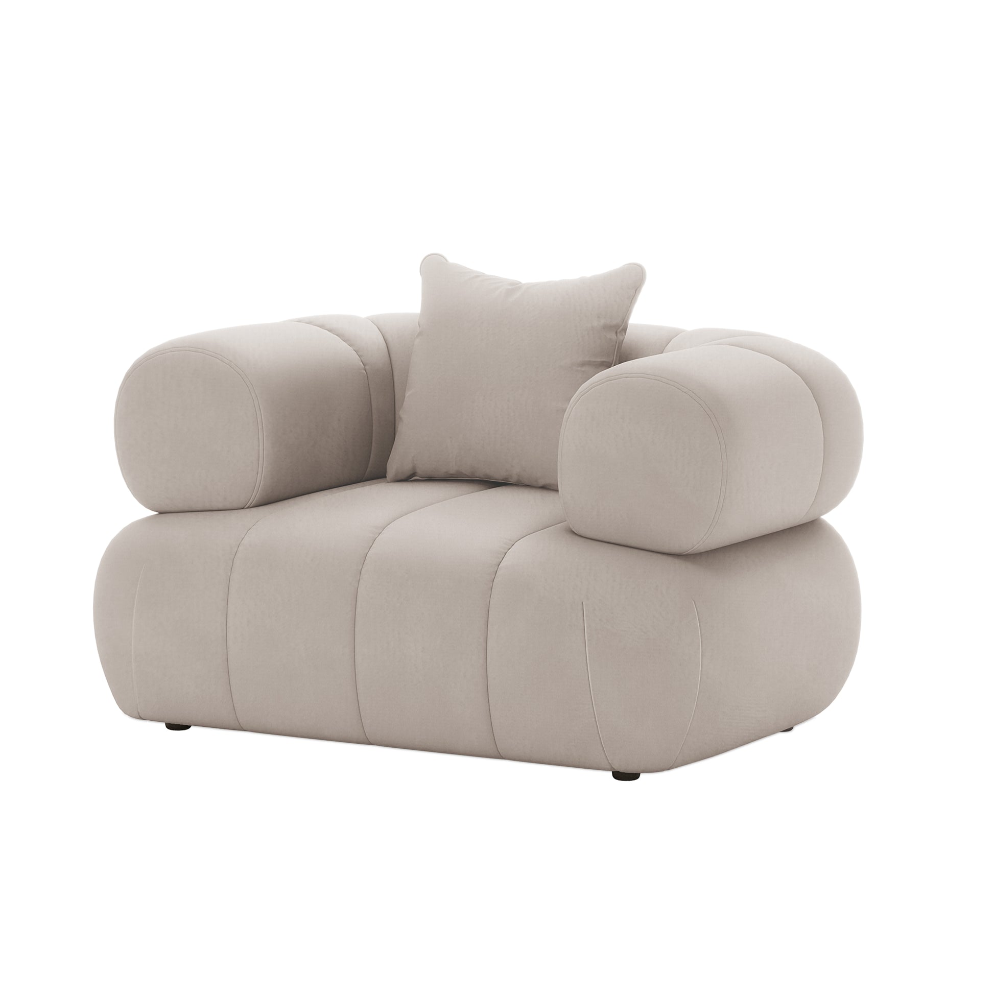 Samira 6 Seater Velvet Sofa Set - Warm Beige in focus, showcasing a plush cushion on the armrest, emphasizing its luxurious velvet upholstery and elegant design.