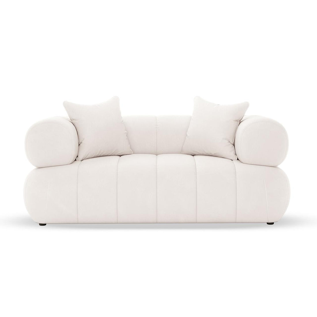 Samira 2 Seater Velvet Lounge in Cream features a modern loveseat with all-white upholstery, two square throw pillows, and cylindrical bolster cushions on the arms, offering a blend of luxury and comfort.