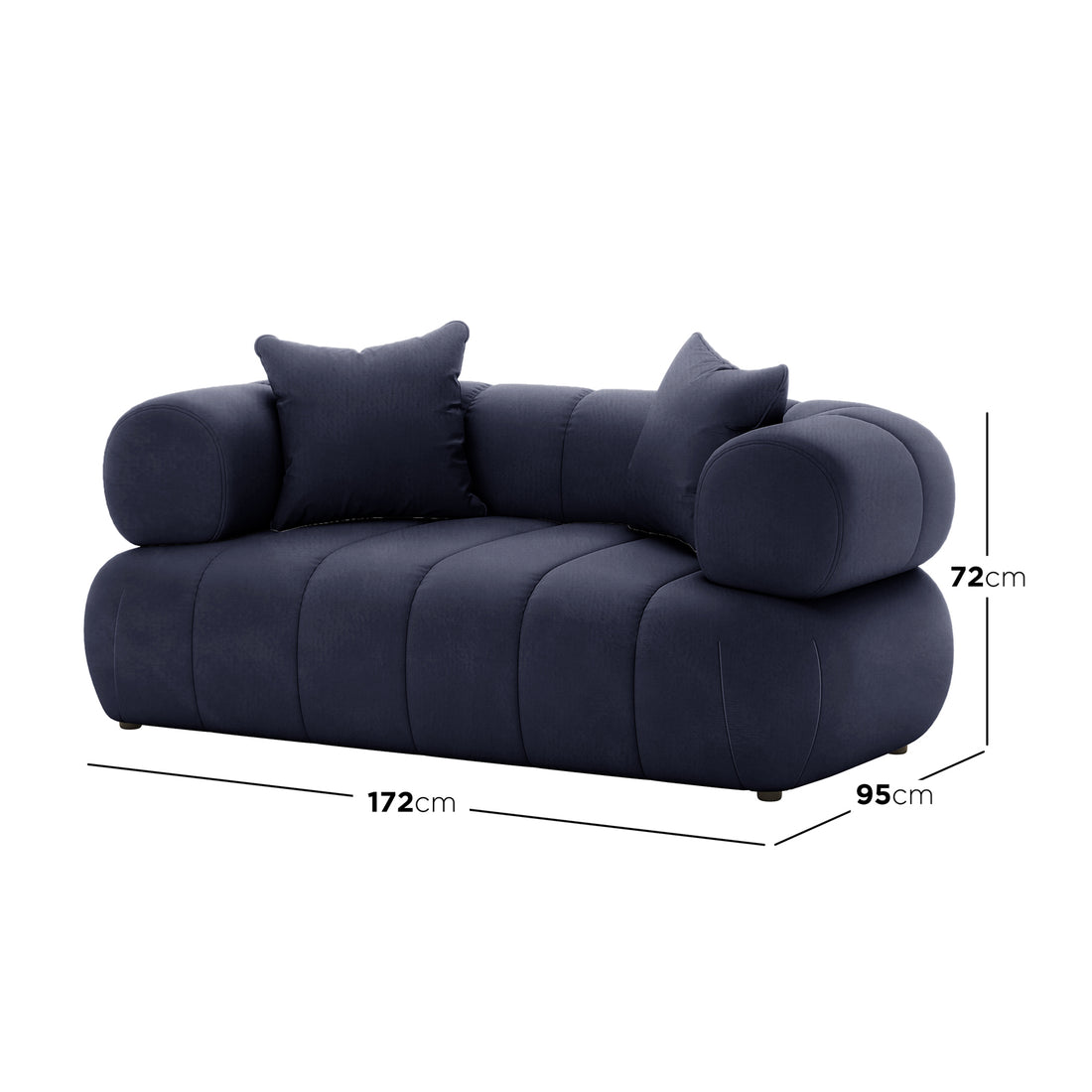 Samira 2 Seater Velvet Sofa in Navy Blue, showcasing its plush velvet texture and sturdy wooden frame, highlighting the sofa's luxurious design and comfortable seating.
