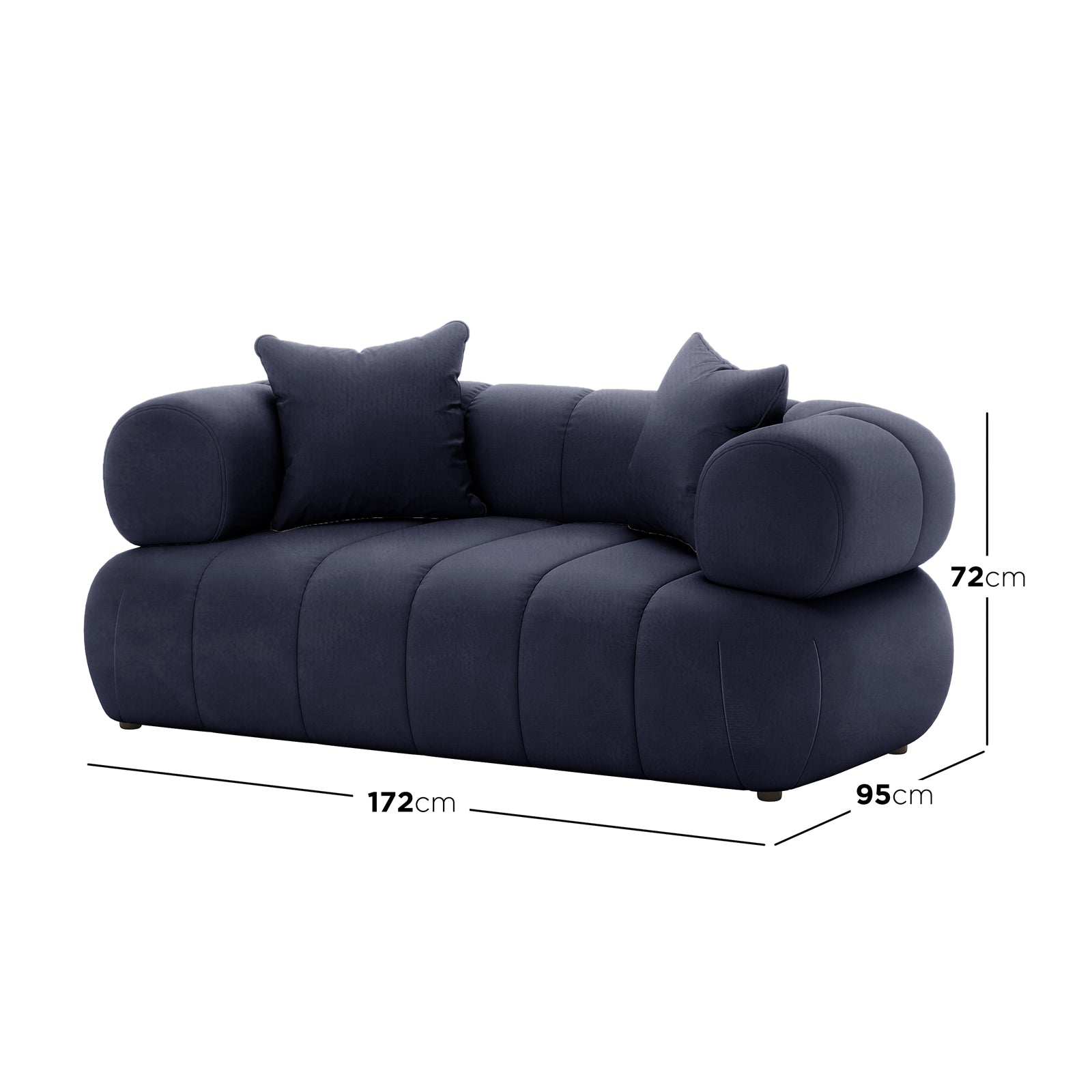 Samira 2 Seater Velvet Sofa in Navy Blue, showcasing its plush velvet texture and sturdy wooden frame, highlighting the sofa's luxurious design and comfortable seating.