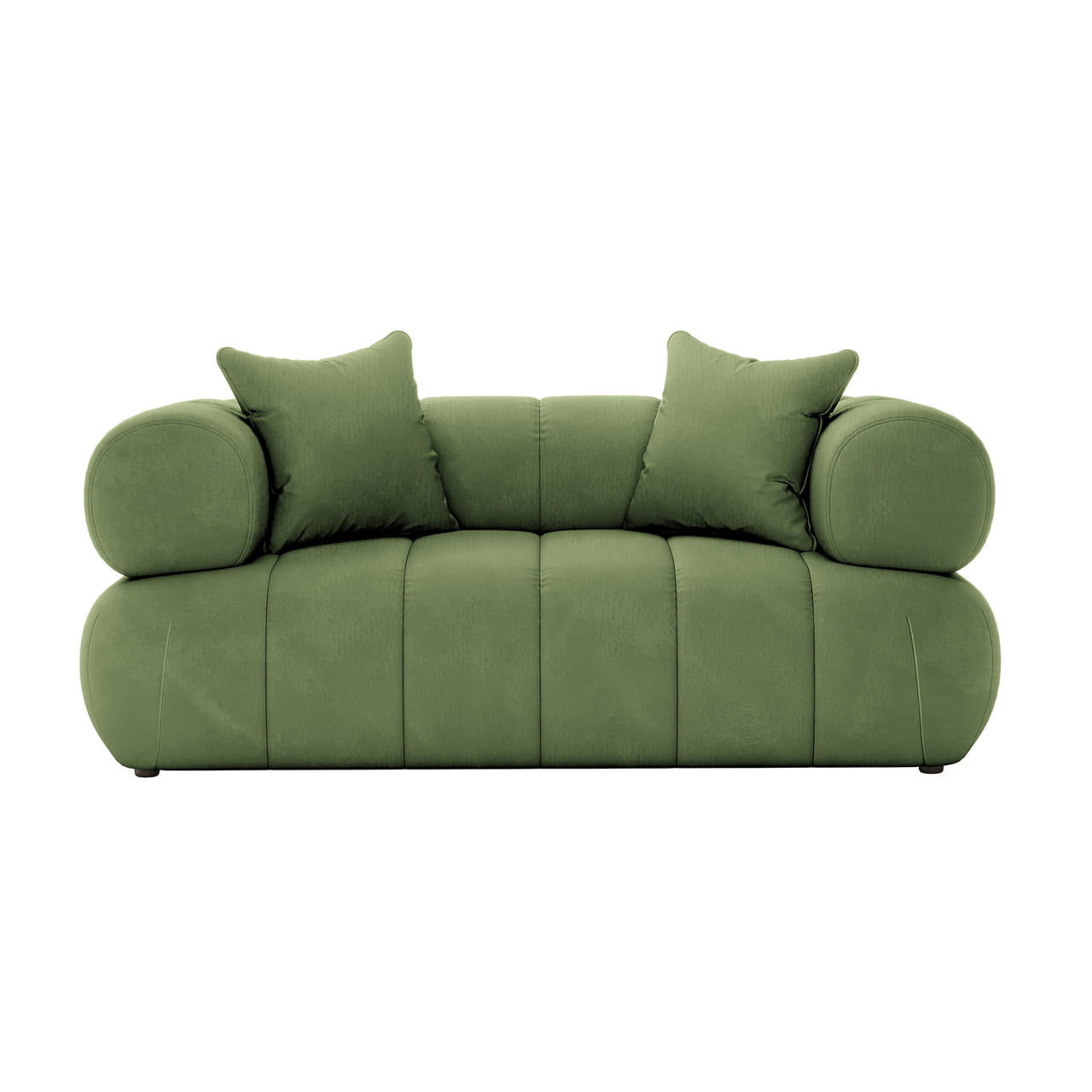 Samira 2 Seater Velvet Lounge in Prasinous Green features a modern, low-profile design with tubular armrests, panel-style tufting, and two matching throw pillows, offering both elegance and comfort.
