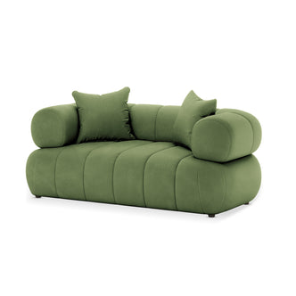 Samira 2 Seater Velvet Lounge in Prasinous Green features a modern, quilted design with rounded bolstered arms and two matching throw pillows, embodying plush comfort and sophisticated elegance.