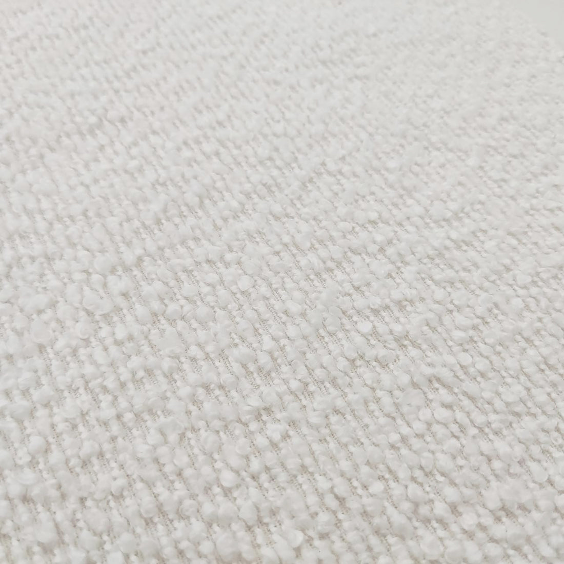 Close-up of the Sasa Bouclé Tufted Fabric Bench with Backrest - Eggshell White, showcasing its plush, loop-pile textile surface, highlighting the softness and textured elegance of the bouclé fabric.