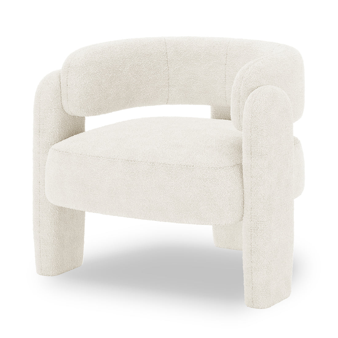 Seto Bouclé Curved Occasional Accent Chair - Eggshell White, featuring a rounded silhouette with a curved backrest and armrests, upholstered in textured bouclé fabric, on four wide legs.