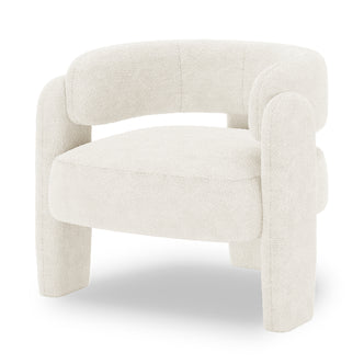 Seto Bouclé Curved Occasional Accent Chair - Eggshell White, featuring a rounded silhouette with a curved backrest and armrests, upholstered in textured bouclé fabric, on four wide legs.