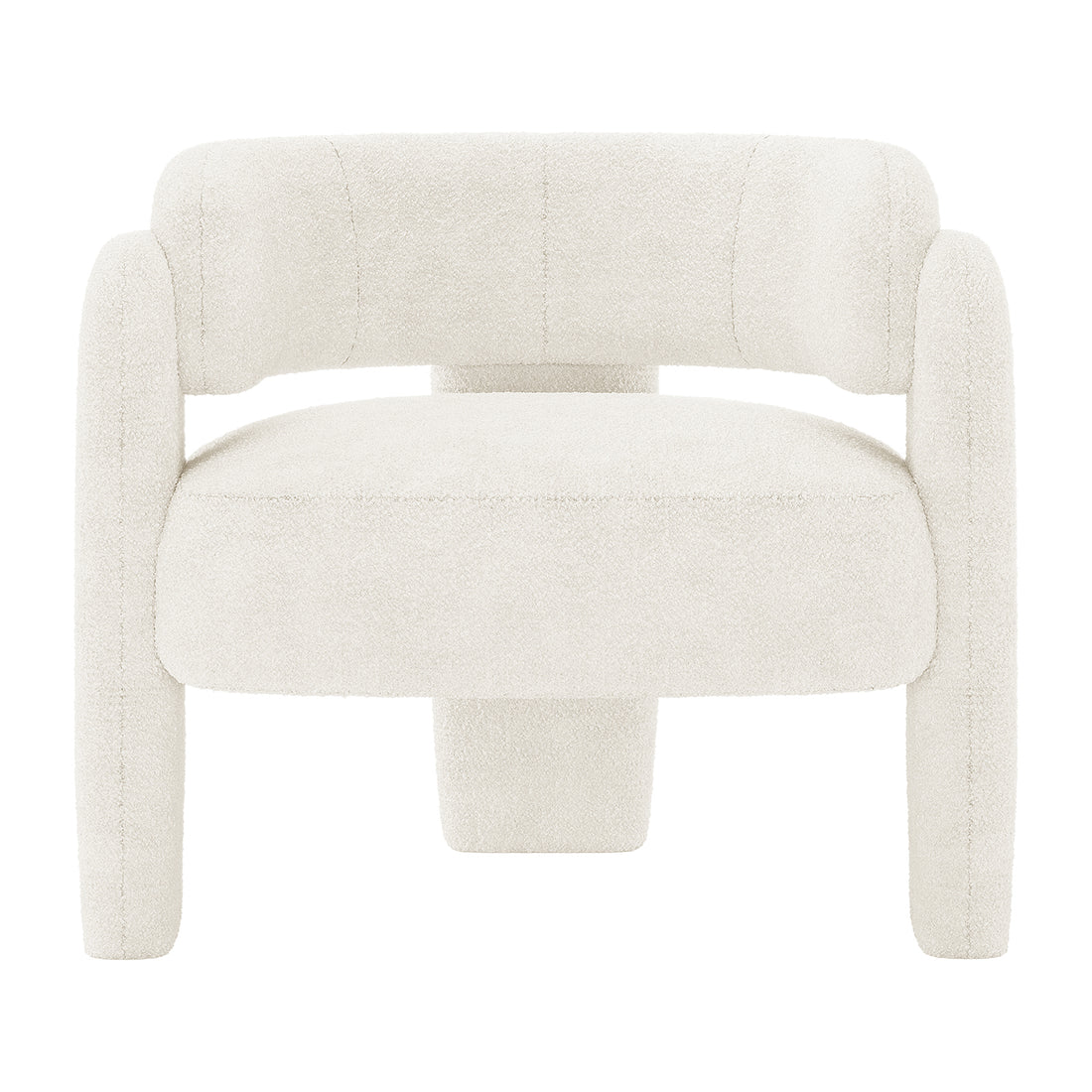 Seto Bouclé Curved Occasional Accent Chair - Eggshell White; features a low-profile design with a rounded wraparound backrest, off-white bouclé upholstery, thick cushioned seat, and short legs for a modern silhouette.