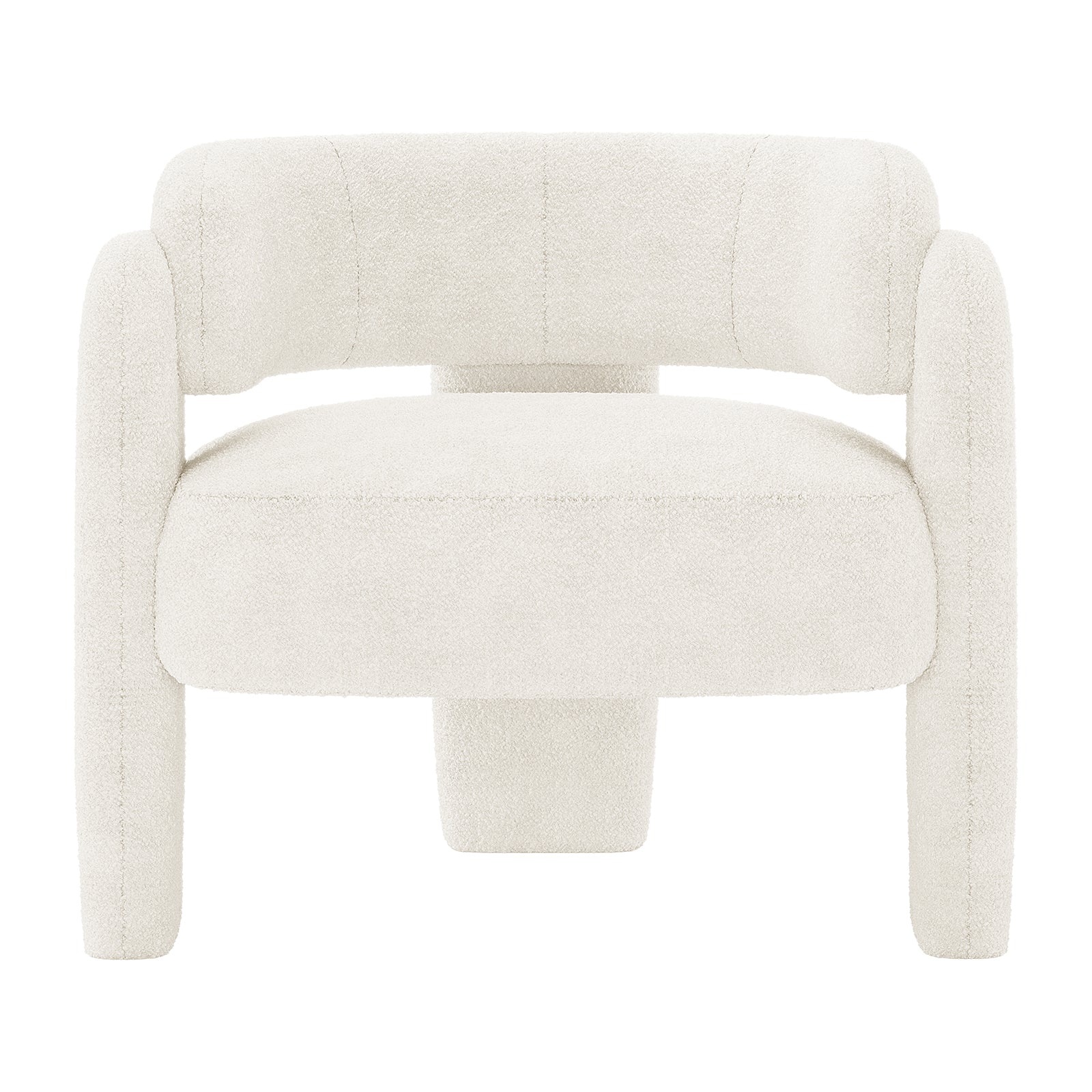 Seto Bouclé Curved Occasional Accent Chair - Eggshell White; features a low-profile design with a rounded wraparound backrest, off-white bouclé upholstery, thick cushioned seat, and short legs for a modern silhouette.