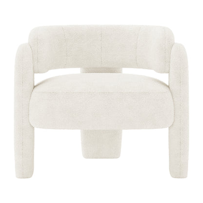 Seto Bouclé Curved Occasional Accent Chair - Eggshell White; features a low-profile design with a rounded wraparound backrest, off-white bouclé upholstery, thick cushioned seat, and short legs for a modern silhouette.