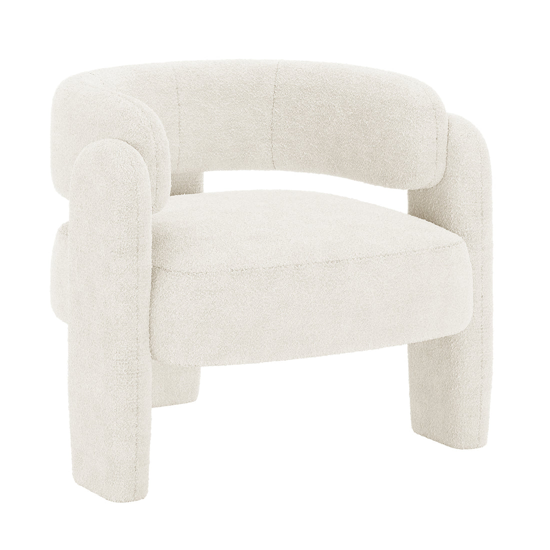 Seto Bouclé Curved Occasional Accent Chair in eggshell white, featuring a rounded, tubular backrest, broad curved arms, and a thick cushioned seat, upholstered in soft bouclé fabric.